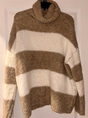 Pink Lily Cream and Beige Striped Cowl Neck Sweater